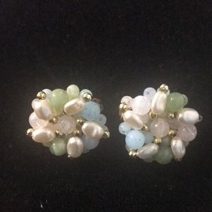 Beautiful Vintage Blue, Green and Cream Faux Pearl Cluster Clip-On Earrings